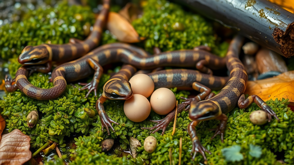 Vulnerable striped newts and native salamanders in Michigan forest mud, grouped naturally around moss and eggs, highlighting reasons for amphibian species protection in Detroit.