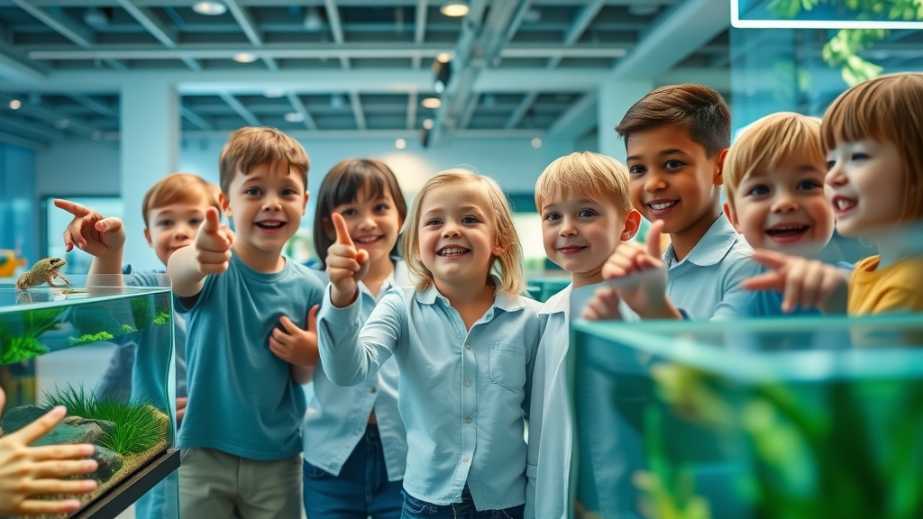 Children and researchers observing amphibians through glass at Detroit Zoo exhibit, joyful learning, global leadership in amphibian conservation